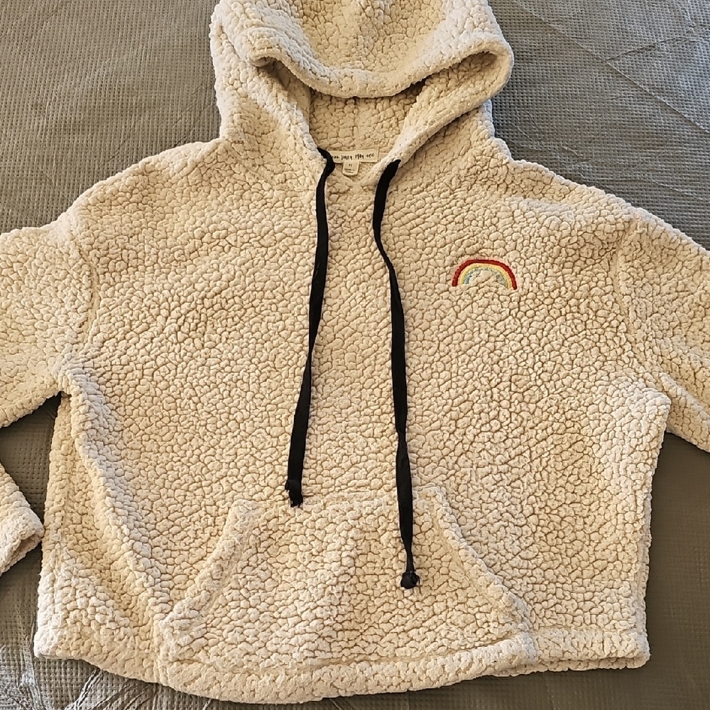 Cozy Cream Sherpa Hoodie with Rainbow Embroidery